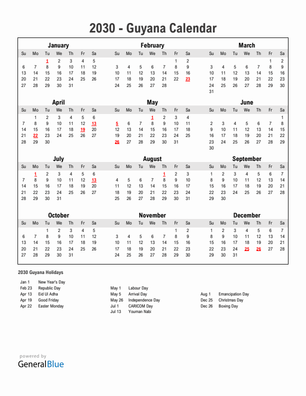 Year 2030 Simple Calendar With Holidays in Guyana