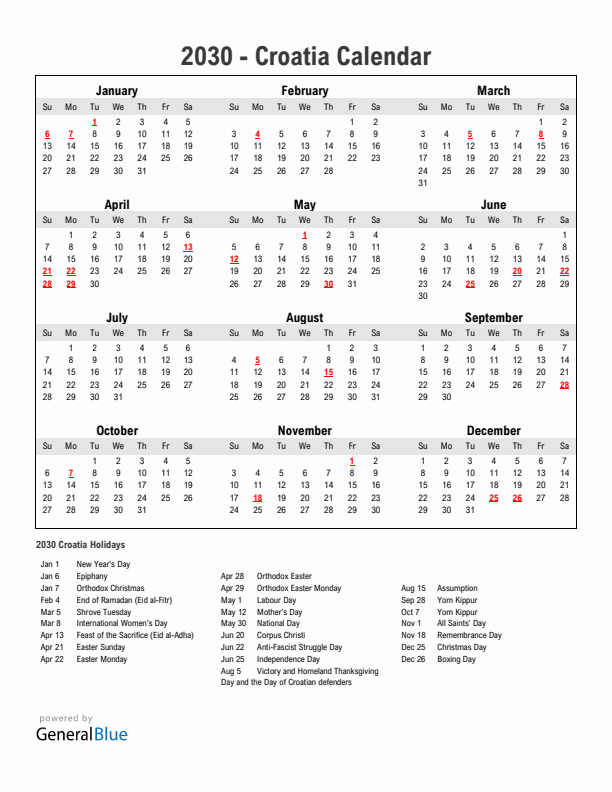 Year 2030 Simple Calendar With Holidays in Croatia