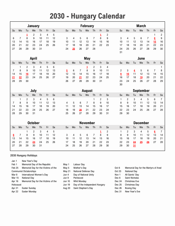 Year 2030 Simple Calendar With Holidays in Hungary