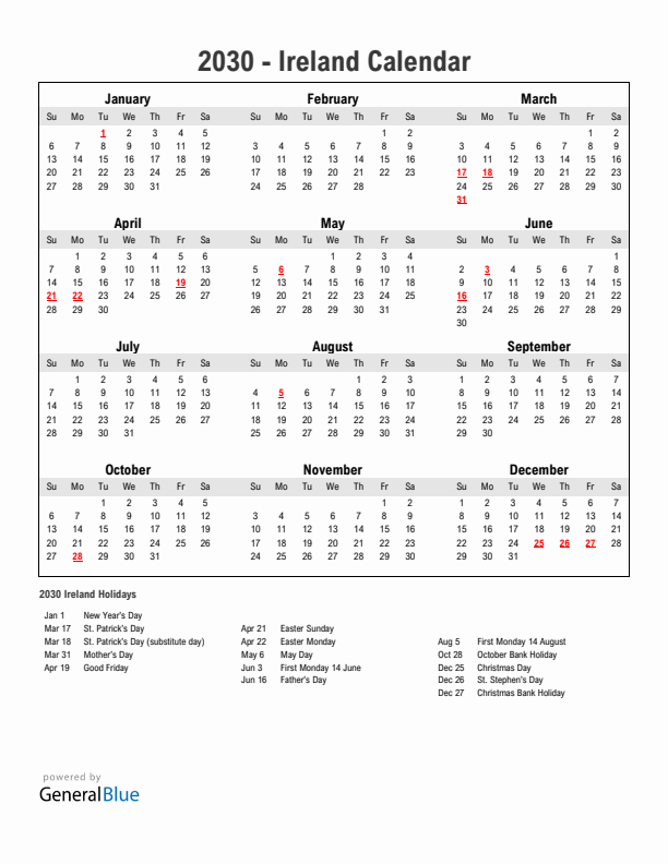 Year 2030 Simple Calendar With Holidays in Ireland