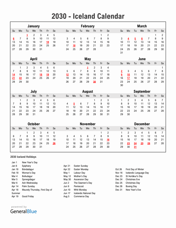 Year 2030 Simple Calendar With Holidays in Iceland