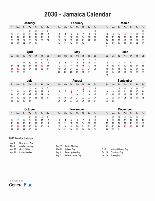 Year 2030 Simple Calendar With Holidays in Jamaica