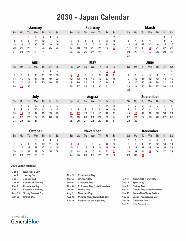 Year 2030 Simple Calendar With Holidays in Japan