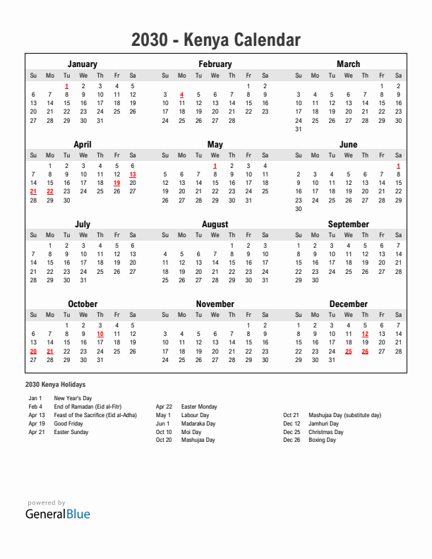 Year 2030 Simple Calendar With Holidays in Kenya