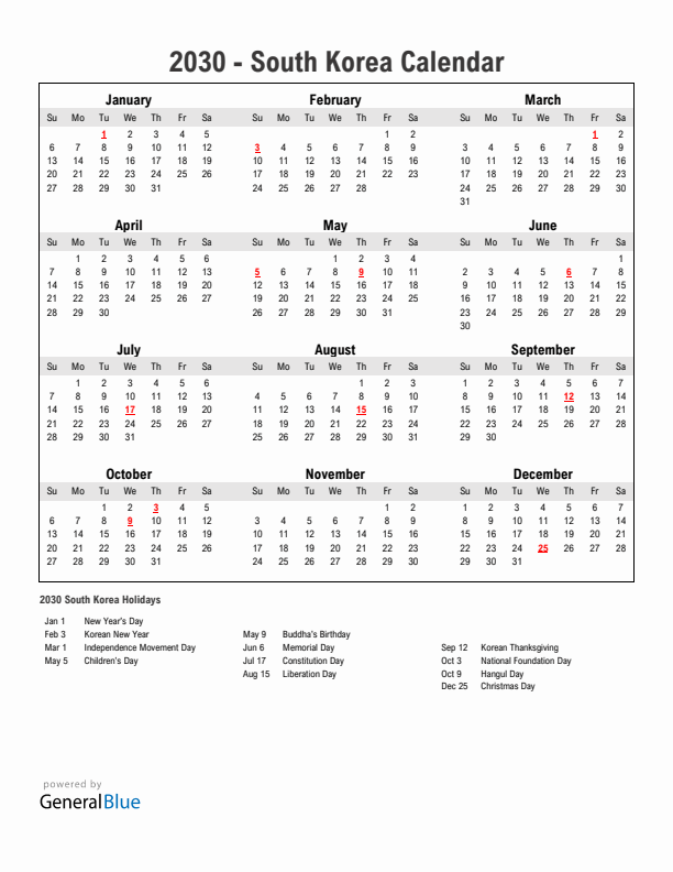 Year 2030 Simple Calendar With Holidays in South Korea