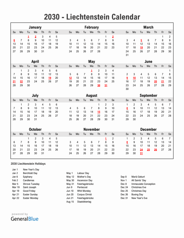 Year 2030 Simple Calendar With Holidays in Liechtenstein