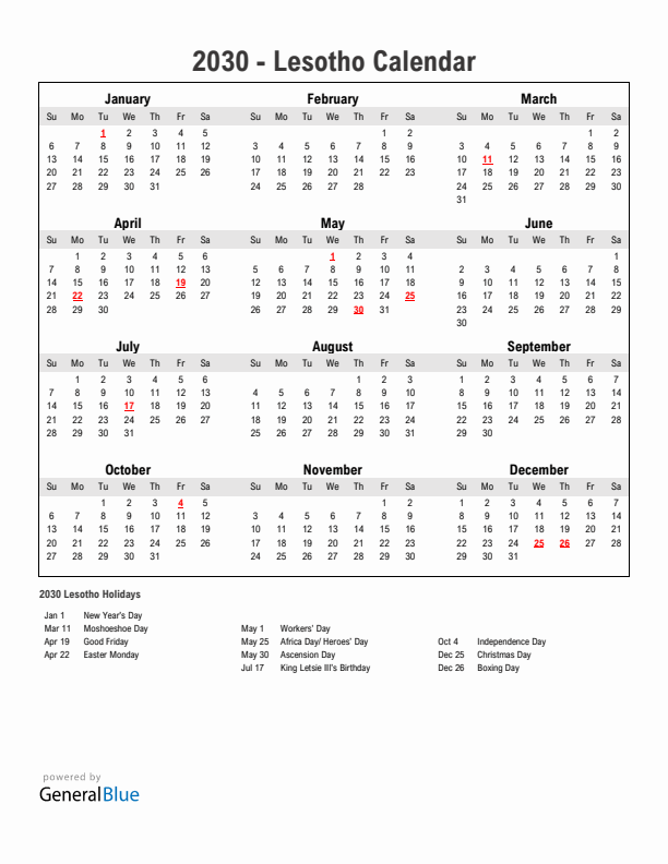 Year 2030 Simple Calendar With Holidays in Lesotho