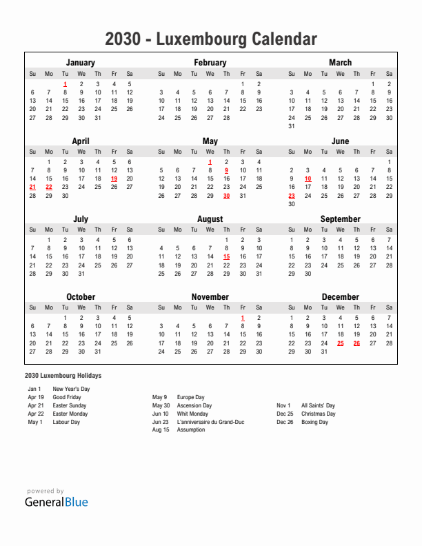 Year 2030 Simple Calendar With Holidays in Luxembourg