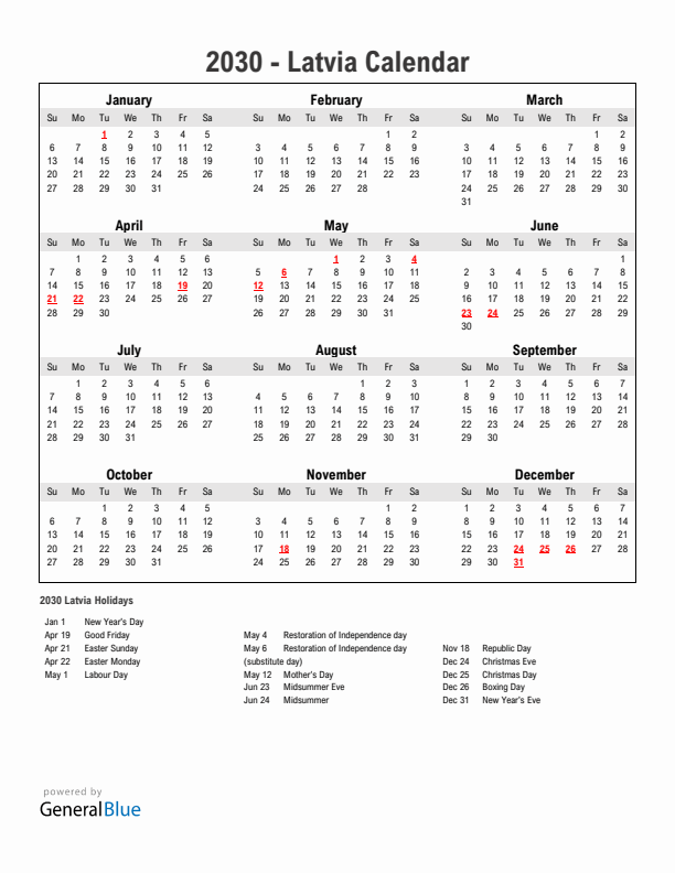 Year 2030 Simple Calendar With Holidays in Latvia