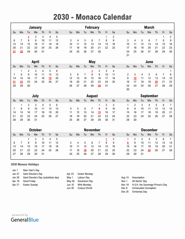 Year 2030 Simple Calendar With Holidays in Monaco