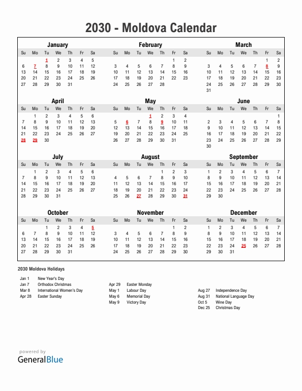 Year 2030 Simple Calendar With Holidays in Moldova
