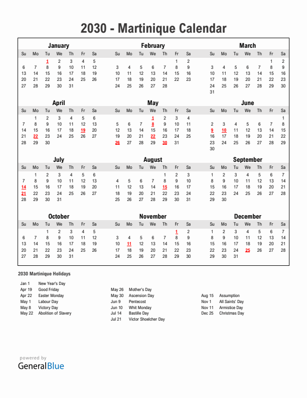 Year 2030 Simple Calendar With Holidays in Martinique