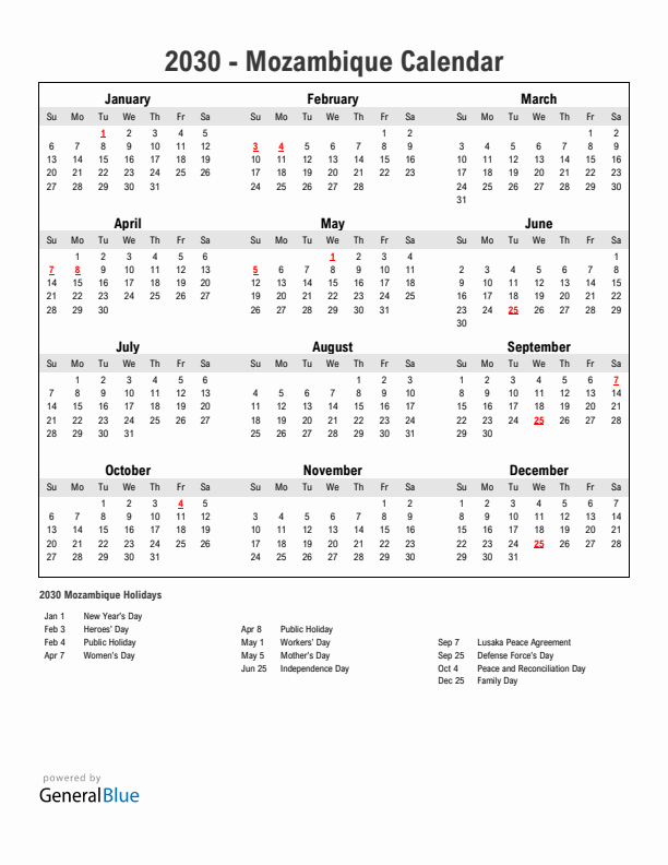 Year 2030 Simple Calendar With Holidays in Mozambique