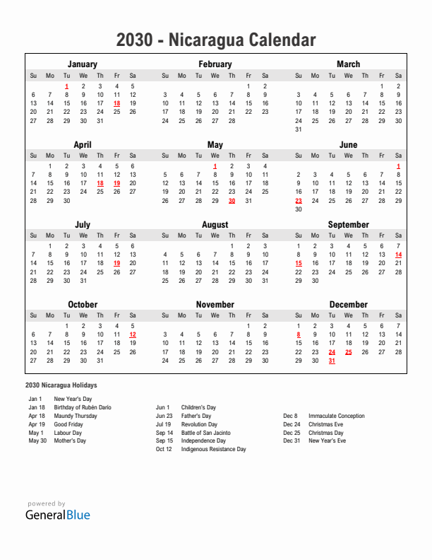 Year 2030 Simple Calendar With Holidays in Nicaragua