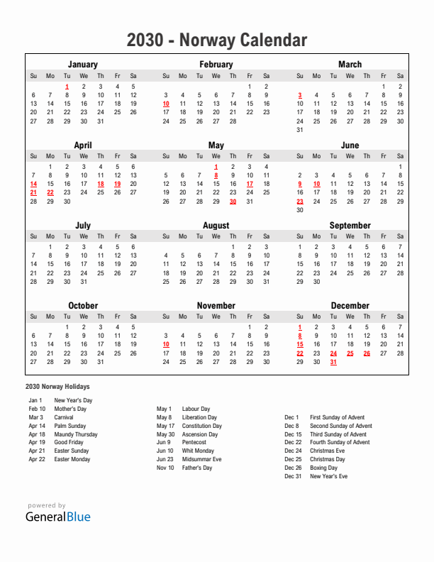 Year 2030 Simple Calendar With Holidays in Norway