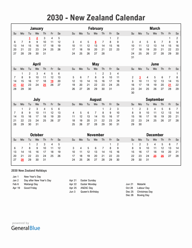 Year 2030 Simple Calendar With Holidays in New Zealand