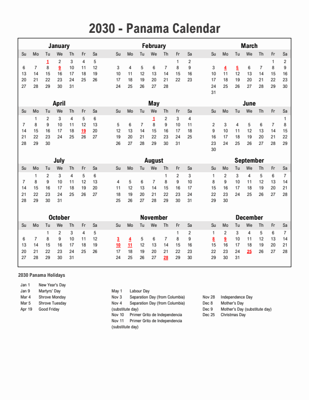 Year 2030 Simple Calendar With Holidays in Panama