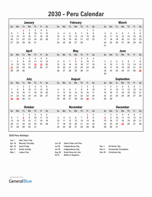Year 2030 Simple Calendar With Holidays in Peru