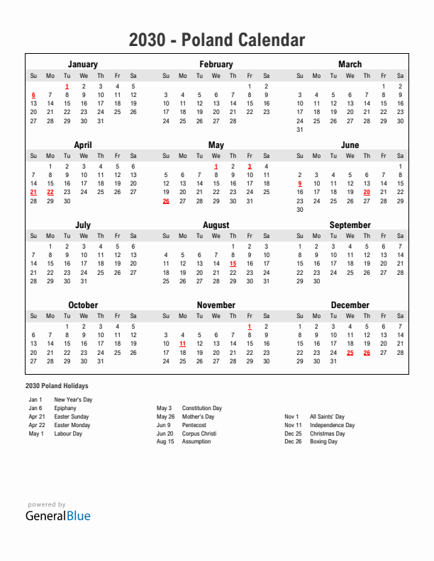 Year 2030 Simple Calendar With Holidays in Poland