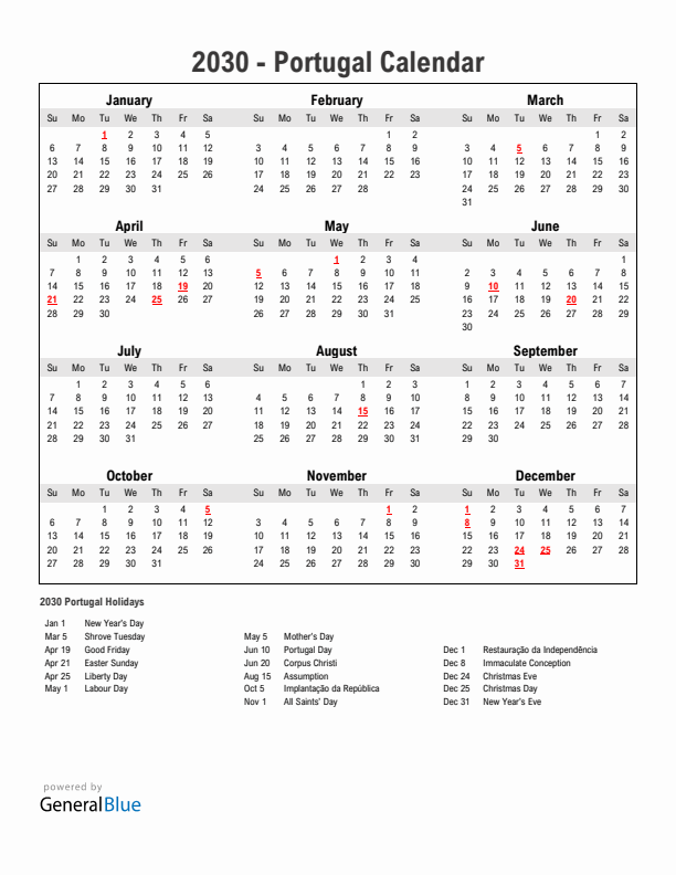 Year 2030 Simple Calendar With Holidays in Portugal