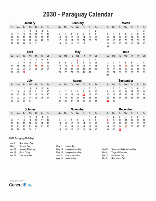 Year 2030 Simple Calendar With Holidays in Paraguay