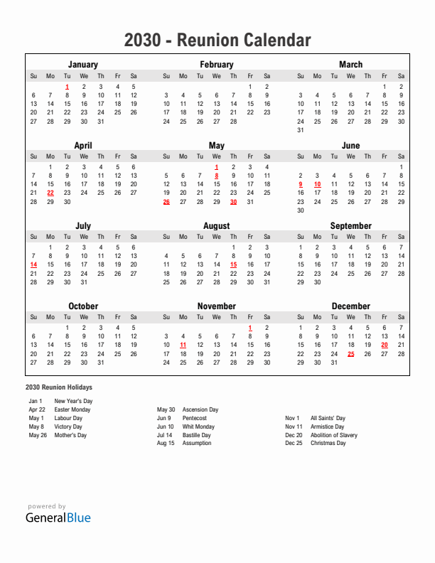 Year 2030 Simple Calendar With Holidays in Reunion