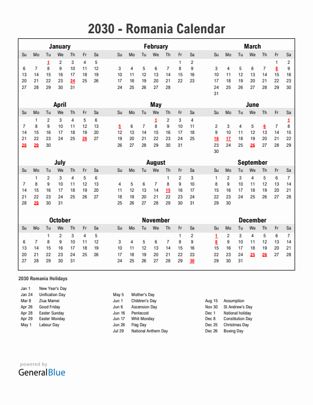 Year 2030 Simple Calendar With Holidays in Romania