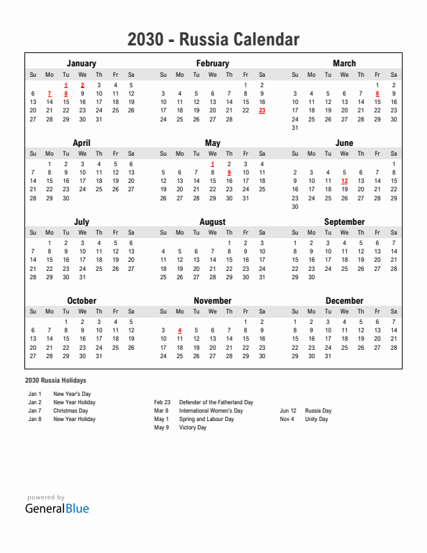 Year 2030 Simple Calendar With Holidays in Russia