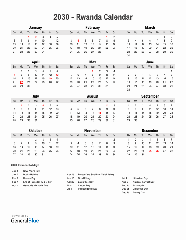 Year 2030 Simple Calendar With Holidays in Rwanda