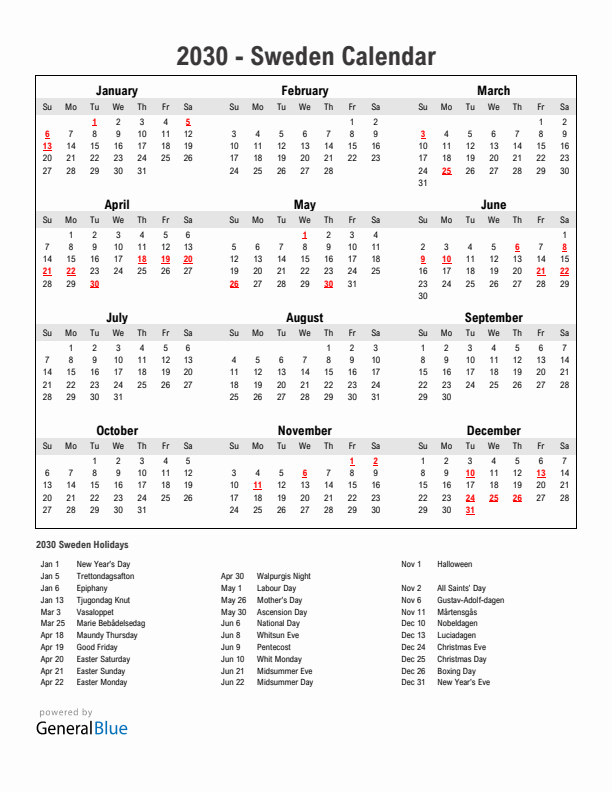 Year 2030 Simple Calendar With Holidays in Sweden