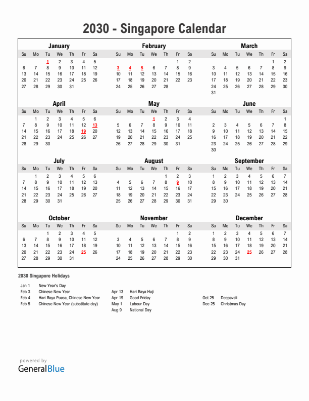 Year 2030 Simple Calendar With Holidays in Singapore