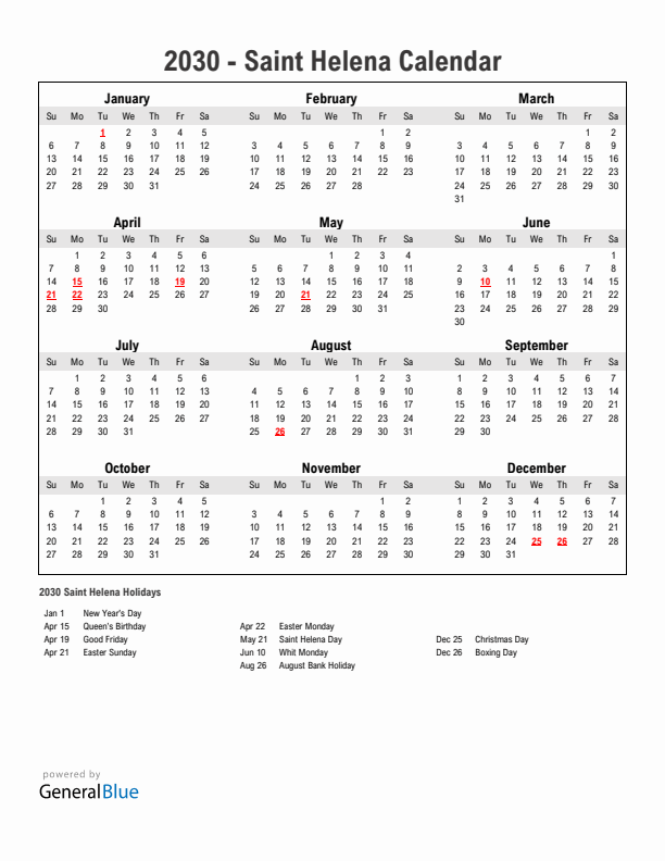 Year 2030 Simple Calendar With Holidays in Saint Helena