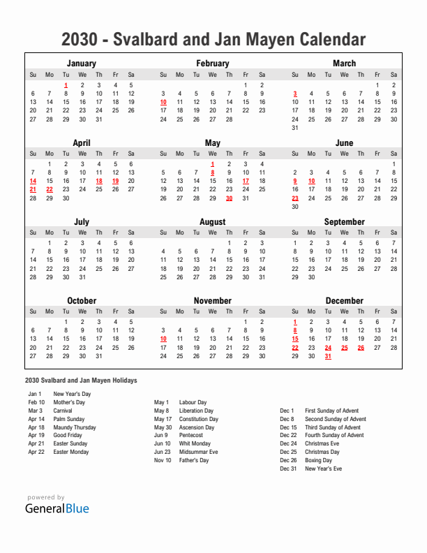 Year 2030 Simple Calendar With Holidays in Svalbard and Jan Mayen