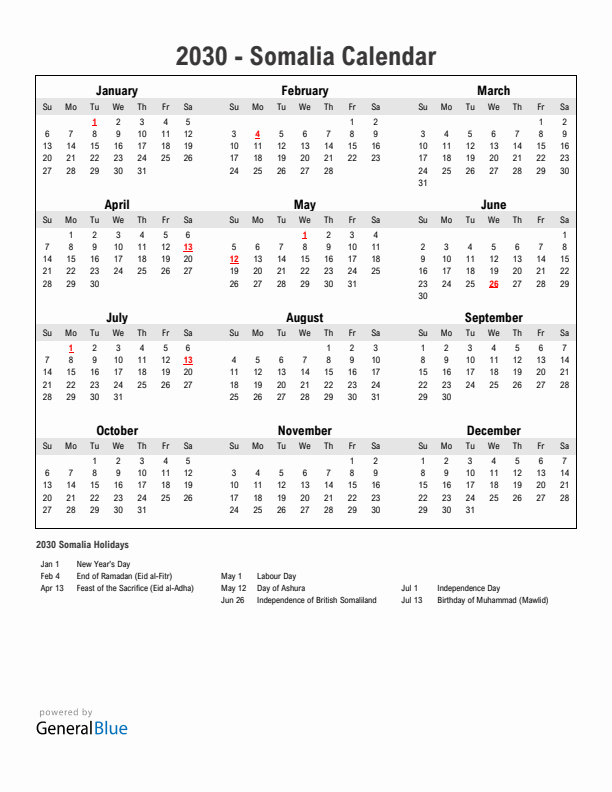 Year 2030 Simple Calendar With Holidays in Somalia