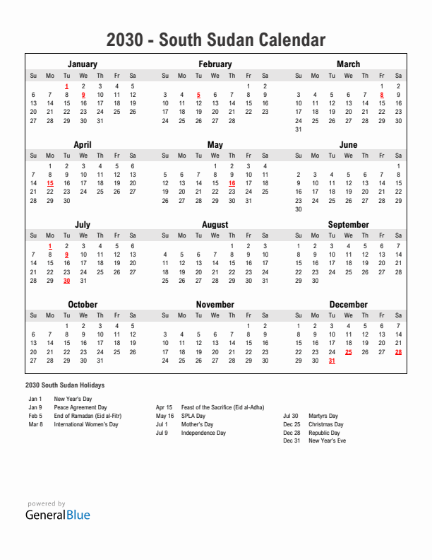 Year 2030 Simple Calendar With Holidays in South Sudan