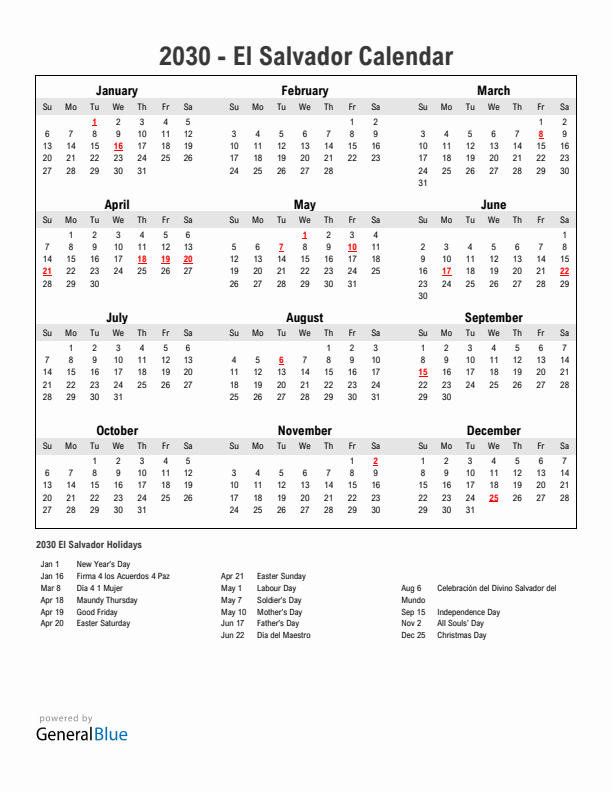Year 2030 Simple Calendar With Holidays in El Salvador