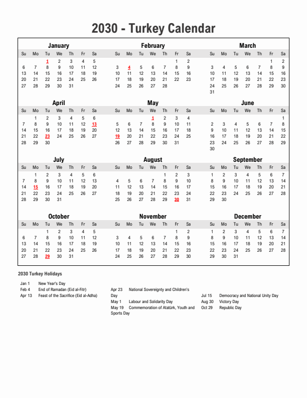 Year 2030 Simple Calendar With Holidays in Turkey