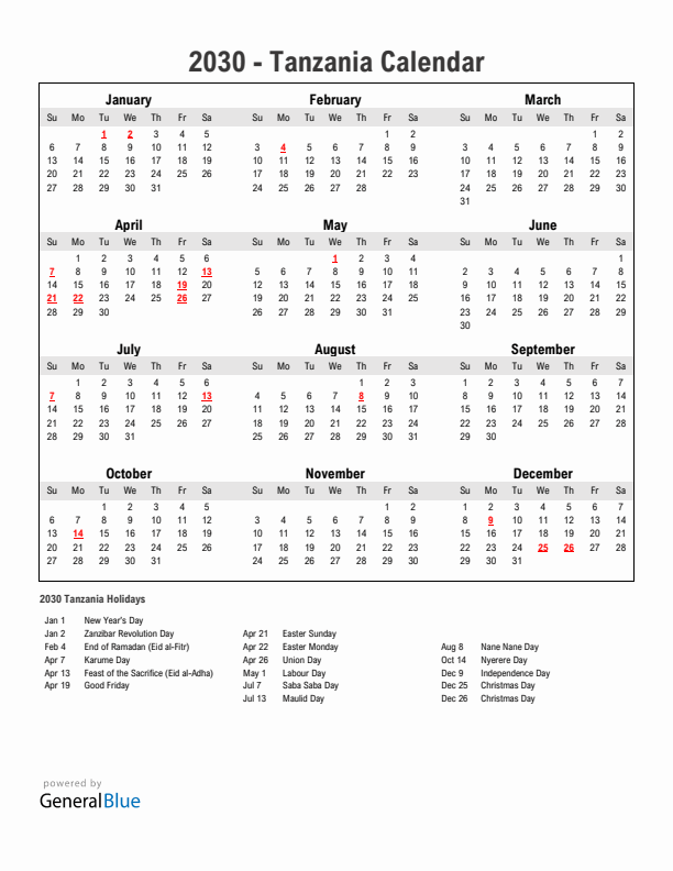 Year 2030 Simple Calendar With Holidays in Tanzania