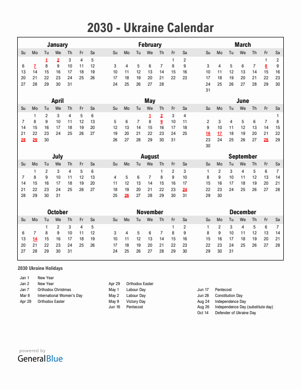 Year 2030 Simple Calendar With Holidays in Ukraine