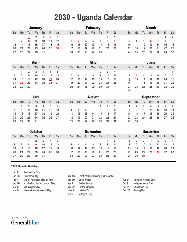 Year 2030 Simple Calendar With Holidays in Uganda