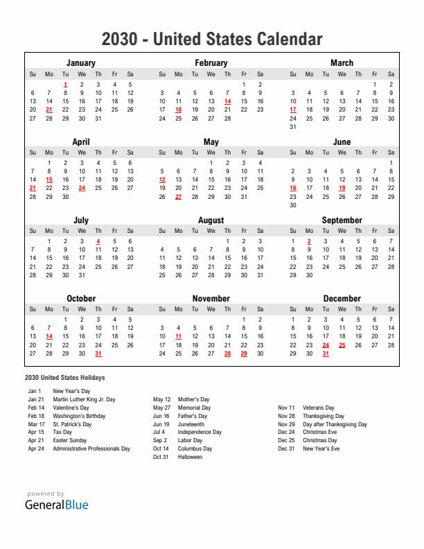 Year 2030 Simple Calendar With Holidays in United States