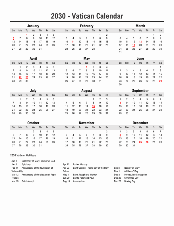 Year 2030 Simple Calendar With Holidays in Vatican