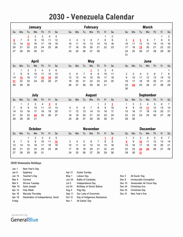 Year 2030 Simple Calendar With Holidays in Venezuela
