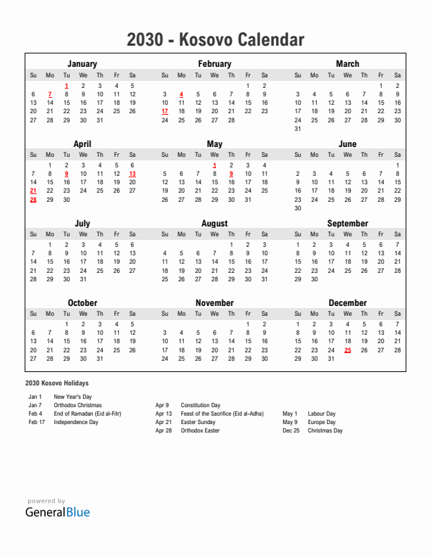 Year 2030 Simple Calendar With Holidays in Kosovo