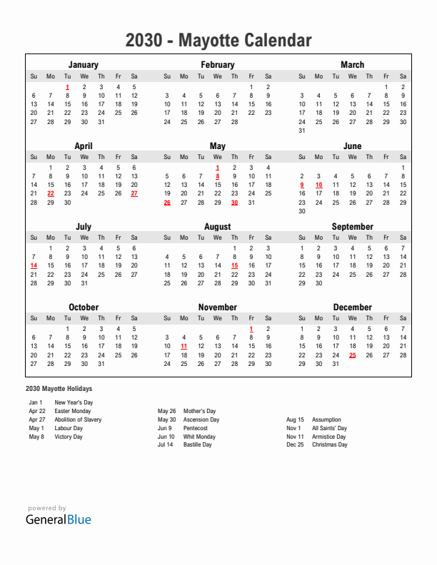 Year 2030 Simple Calendar With Holidays in Mayotte