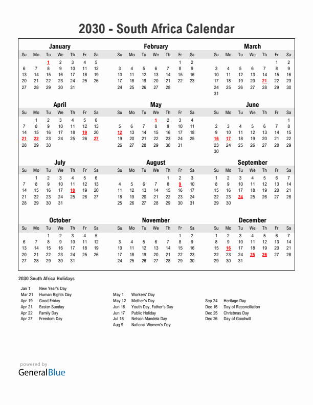 Year 2030 Simple Calendar With Holidays in South Africa