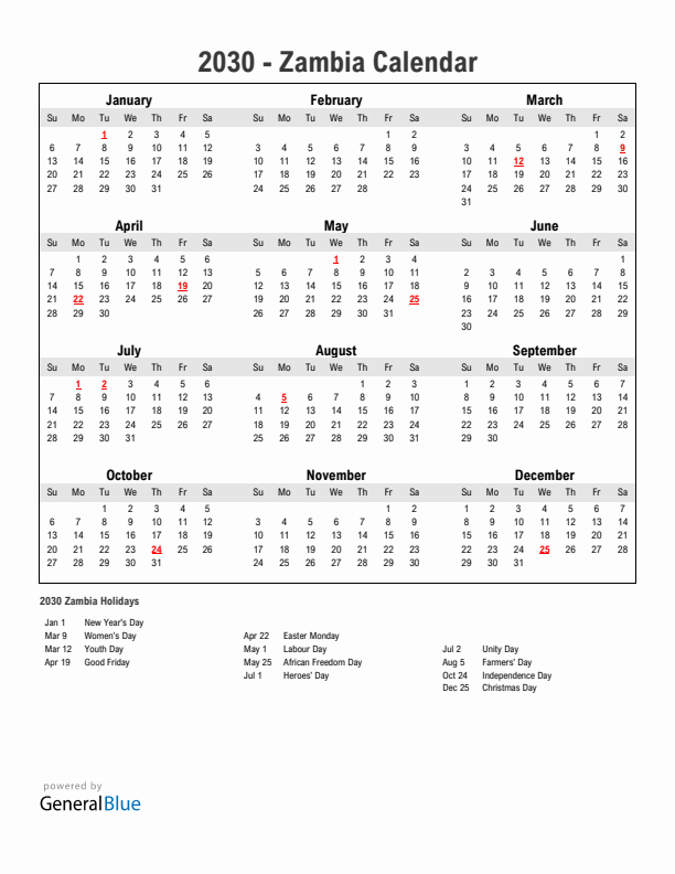 Year 2030 Simple Calendar With Holidays in Zambia