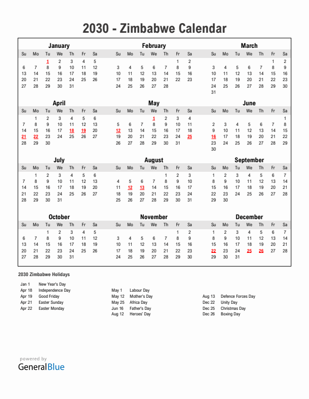 Year 2030 Simple Calendar With Holidays in Zimbabwe