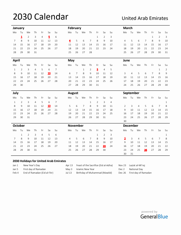 Standard Holiday Calendar for 2030 with United Arab Emirates Holidays 
