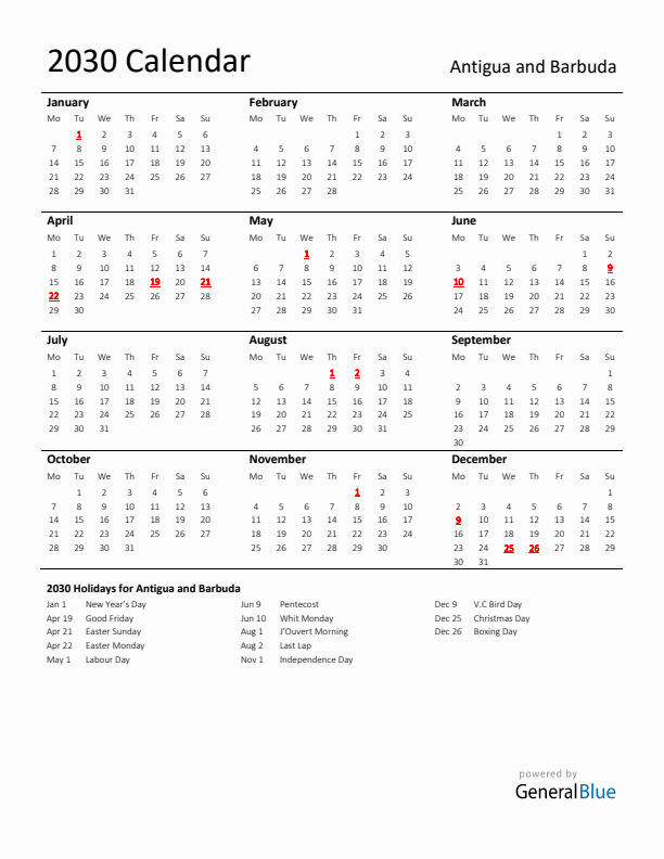 Standard Holiday Calendar for 2030 with Antigua and Barbuda Holidays 